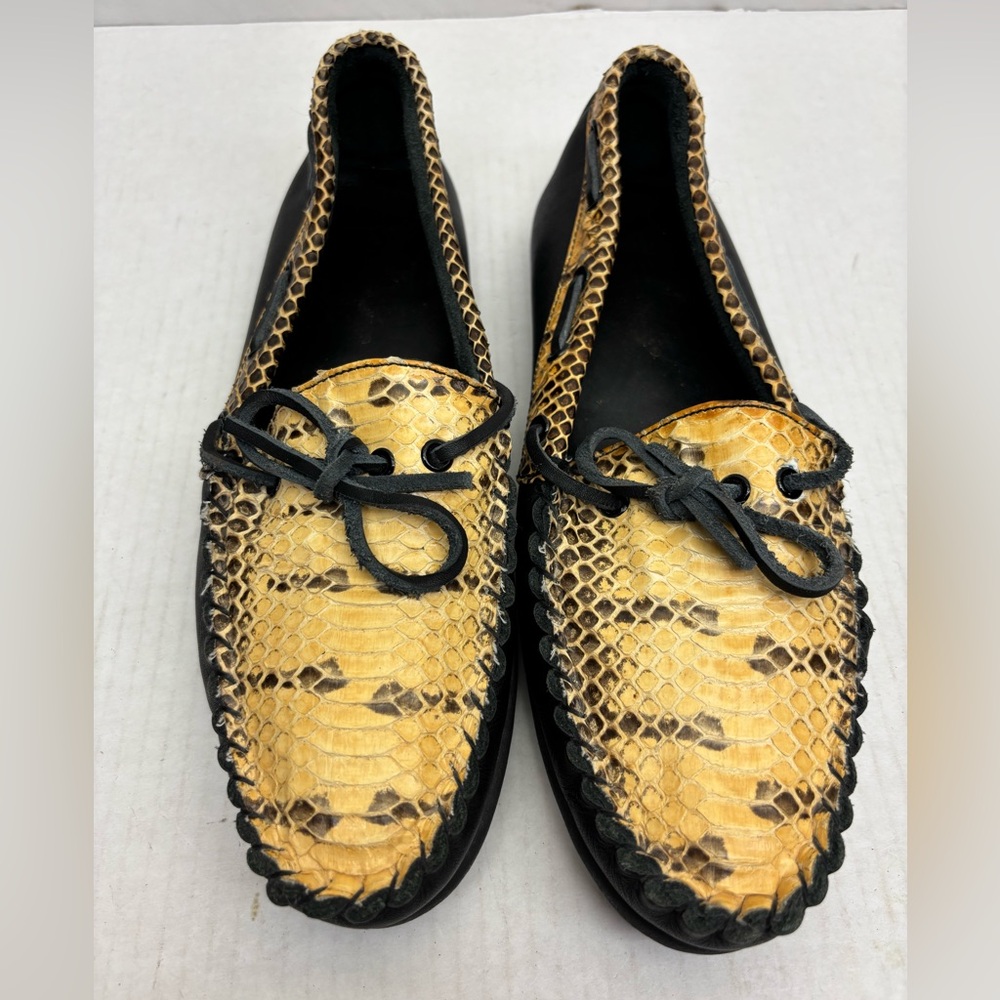 Snakers Men's Black & Gold Snake-Texture Moccasin Driving Shoes, SZ 9, box 10